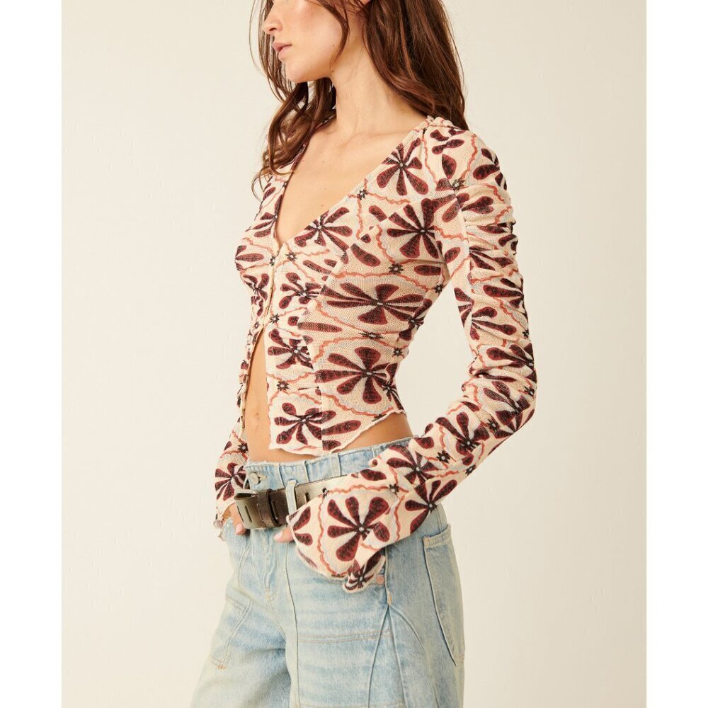 Free People Floral V-Neck Blouse Cardi in Cream and Brown - Picture 2 of 6